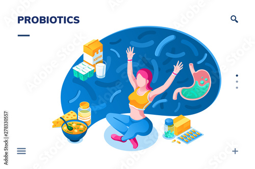 Woman and probiotics products. Isometric screen for smartphone health or nutrition concept application. Food for healthy bowel, gut flora, stomach disease. Kefir, kombucha tea, soup, pills. Diet