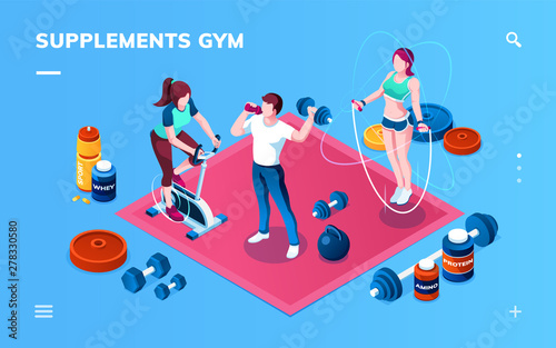 Gym supplement, workout or fitness, sport training application screen for smartphone. Isometric bodybuilder, exercise bike, skipping rope athlete, whey protein, amino, energizer, weight gainer shaker