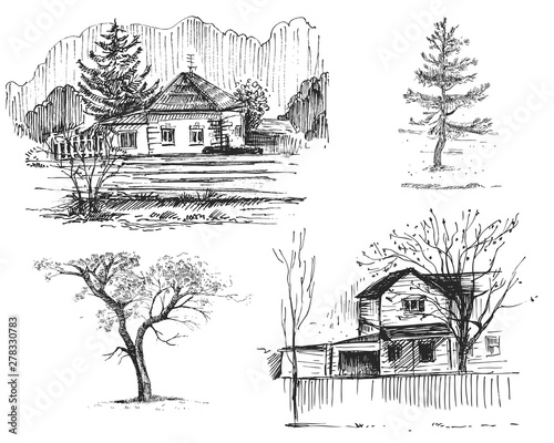 Detailed hand drawn ink black and white illustration set of farm house, tree. sketch. Vector eps 8