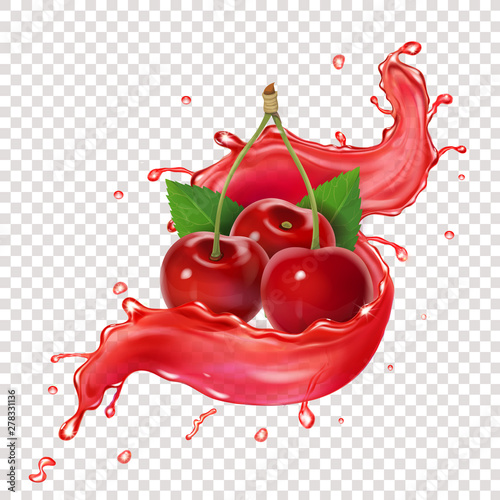 Cherry berry splashing juice realistic vector illustartion