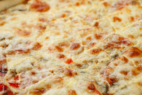 Cooked fresh pizza with cheese fragment, close-up shot