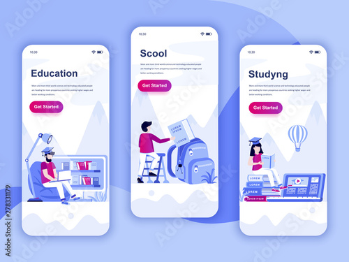 Set of onboarding screens user interface kit for Education, School, Studying, mobile app templates concept. Modern UX, UI screen for mobile or responsive web site. Vector illustration.