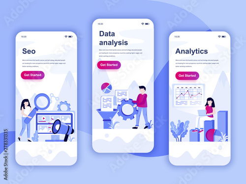 Set of onboarding screens user interface kit for SEO, Data Analysis, Analytics, mobile app templates concept. Modern UX, UI screen for mobile or responsive web site. Vector illustration.