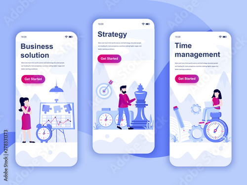 Set of onboarding screens user interface kit for Solution, Strategy, Time Management, mobile app templates concept. Modern UX, UI screen for mobile or responsive web site. Vector illustration.