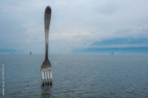 Fork of Vevey, Lake Geneva on cloudy sky background with copy space, Switzerland
