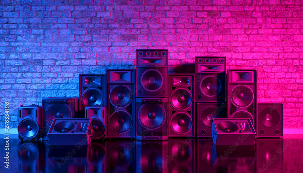 Fototapeta premium Speakers on the background of an old brick wall in the enon light, 3d illustration