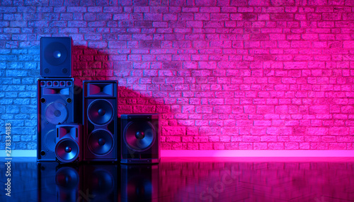 Speakers on the background of an old brick wall in the enon light, 3d illustration