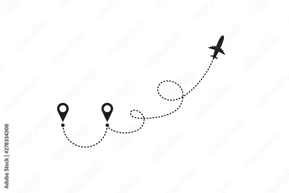 Tourism and travel concept. Airplane line path on white background. Vector icon of air plane flight route with dash line trace, start point and transfer point. Vector illustration Tourism and travel concept. Airplane line path on white background. Vector icon of air plane flight route with dash line trace, start point and transfer point. Vector illustration