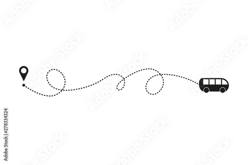 Tourism and travel concept. Bus line path on white background. Vector icon of bus route with dash line trace, start point and transfer point. Vector illustration