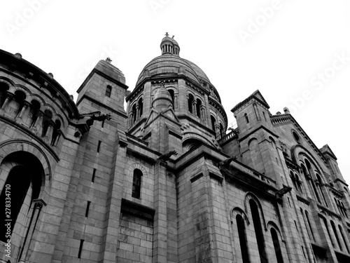 Roman catholic church. Basilica of the Sacre Coeur black and white photography. Paris, France. 