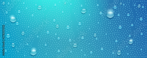 Realistic water drops flow down the glass. Three dimensional droplets with traces from drips vector 3d illustration. Textured background with glow from the sun for banner  poster  leaflet.