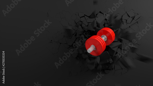 red dumbbell flying out of a rift in the black wall, 3d illustration photo