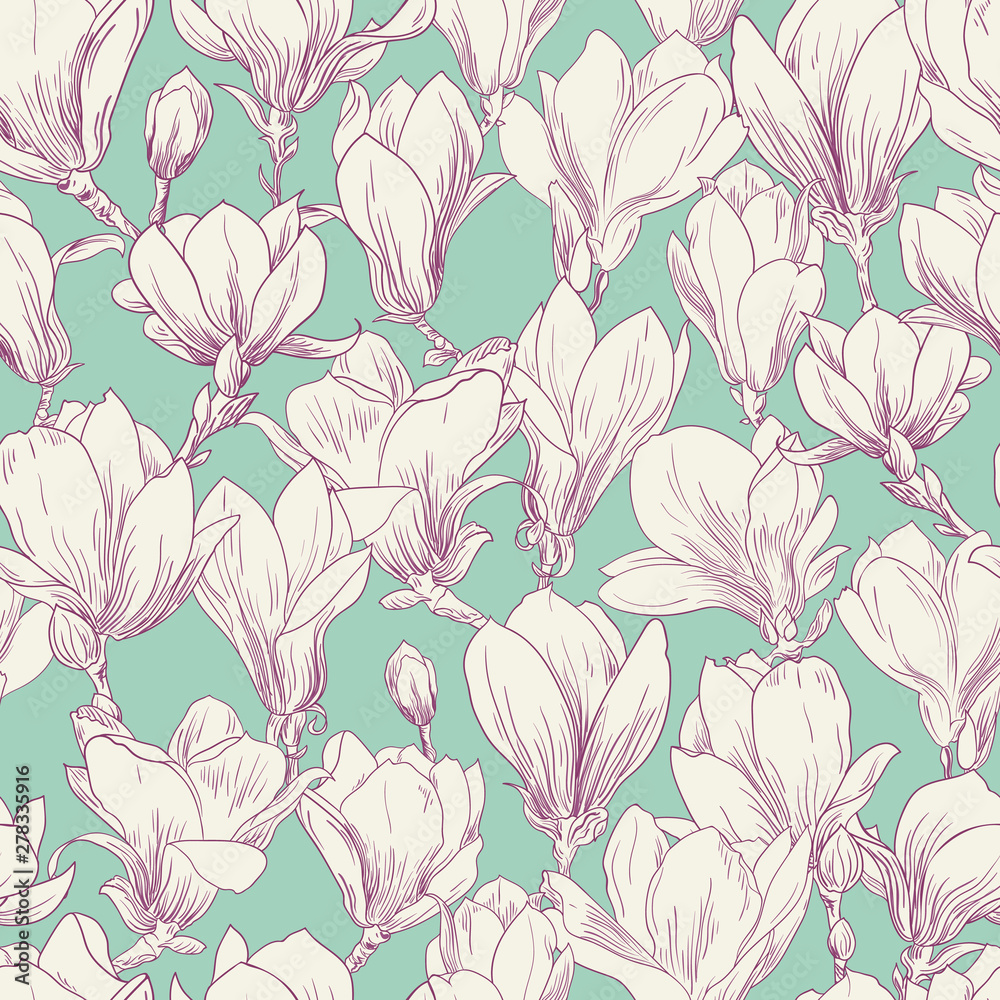 Magnolia pattern, line floral ornament. Seamless background. Hand drawn illustration in vintage style, green, white