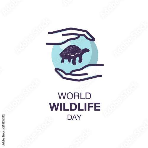 Simple logo for World Wildlife Day. Icon of cute galapagos tortoise in hands. Suitable for greeting card, poster and banner.