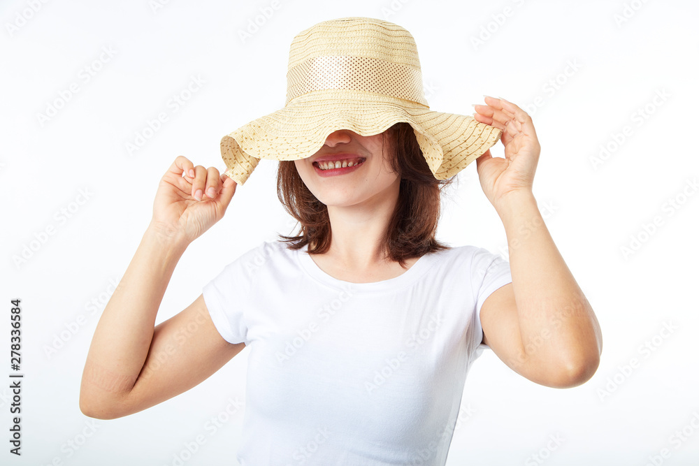 asian woman wearing summer straw hat