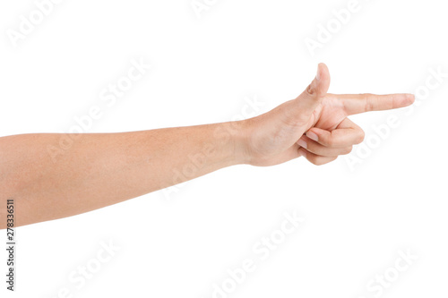 Male asian hand gestures isolated over the white background. POINTING POSE.