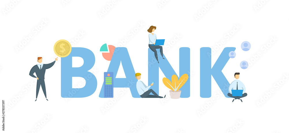 BANK. Concept with people, letters and icons. Colored flat vector illustration. Isolated on white background. BANK. Concept with people, letters and icons. Colored flat vector illustration. Isolated on white background.
