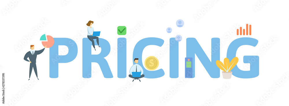 PRICING. Concept with people, letters and icons. Colored flat vector illustration. Isolated on white background.