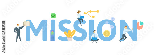 MISSION. Concept with people, letters and icons. Colored flat vector illustration. Isolated on white background.
