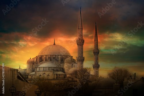 Beautiful sunrise over the Fatih Mosque (Conqueror's Mosque), Istanbul, Turkey.