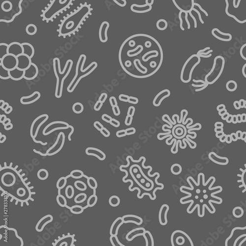 Bacteria, microbe, virus outline vector seamless pattern on grey background. Microscopic bacterium and bacillus collection, isolated on white background