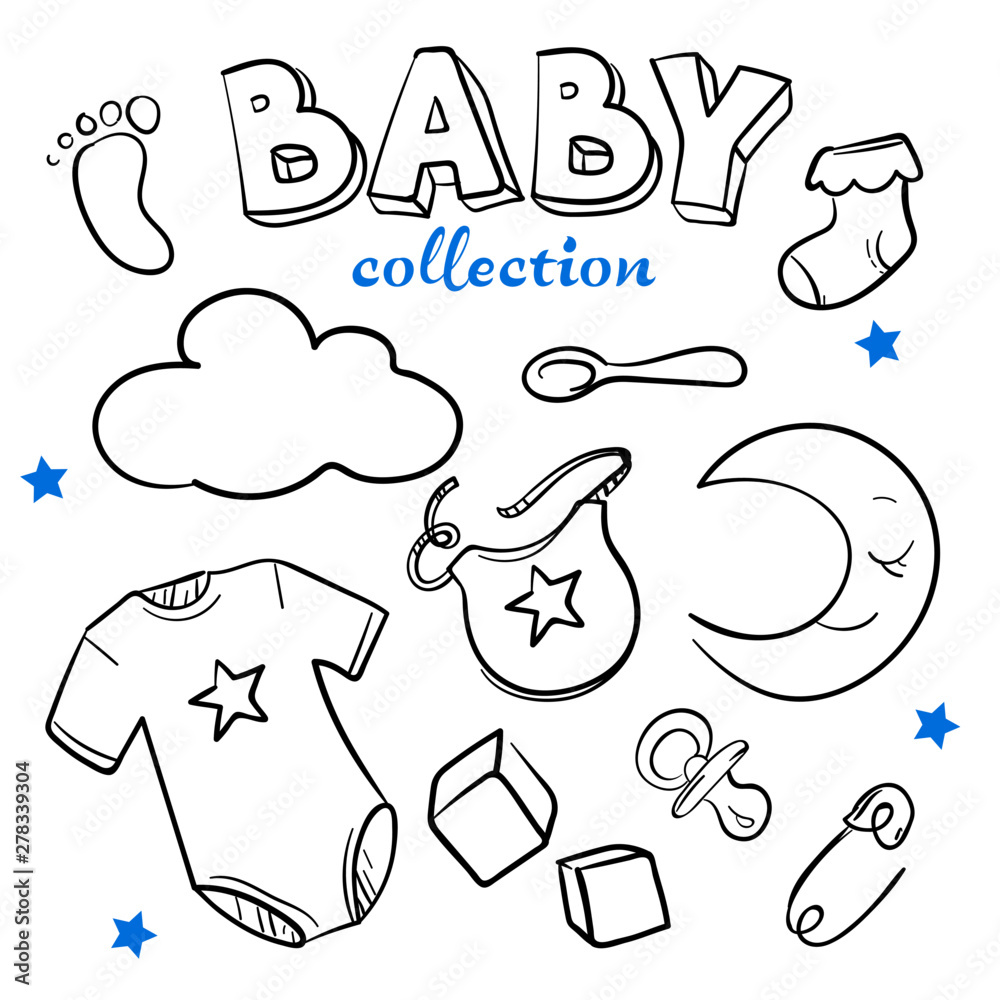 Set of doodle sketch illustration baby vector symbols in black color with blue stars