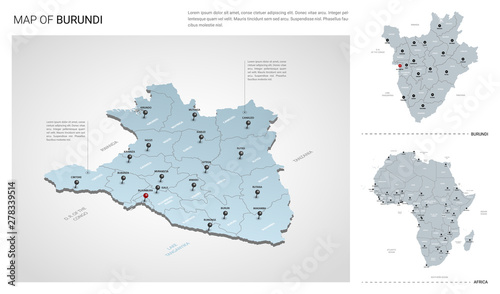 Vector set of Burundi country. Isometric 3d map, Burundi map, Africa map - with region, state names and city names.