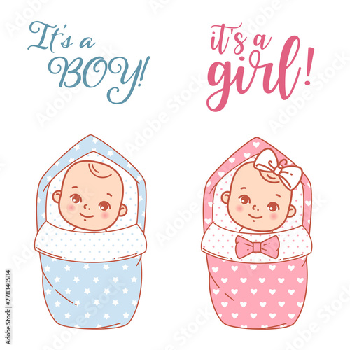 Baby shower design. Newborn baby girl and boy on swaddle, blanket.