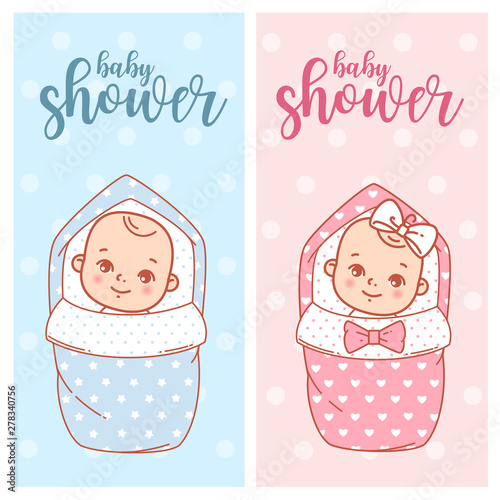Baby shower design. Newborn baby girl and boy in swaddle, blanket.