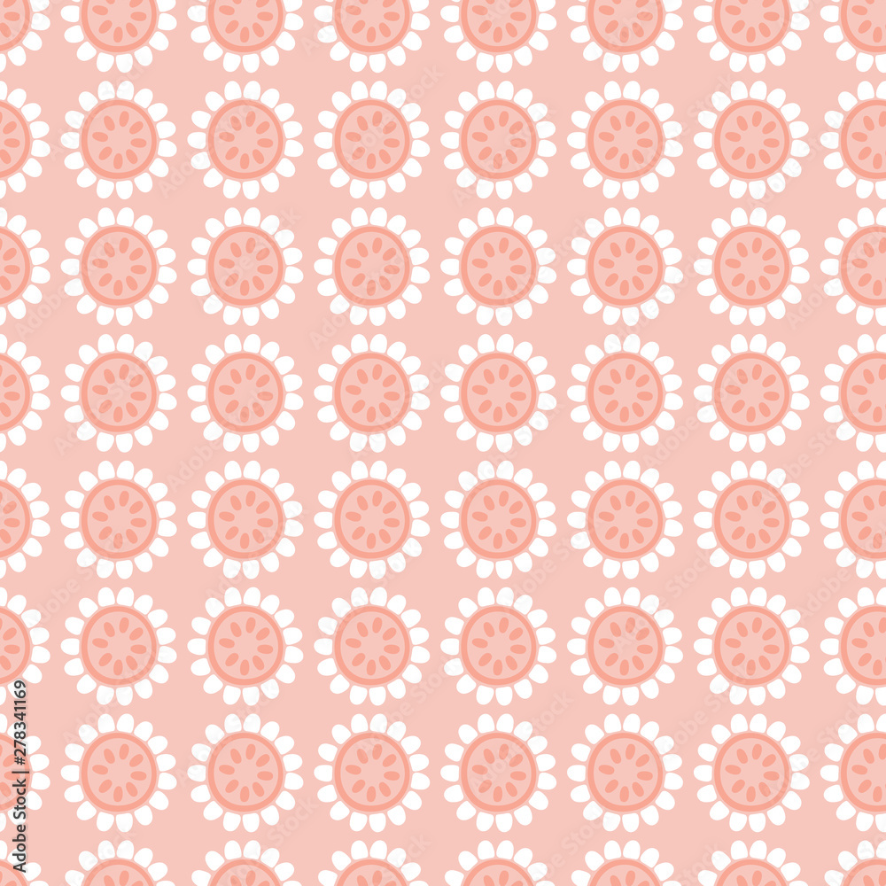 Seamless repeat pattern of stylized pink and white flowers in a geometric pattern. A pretty floral vector design.