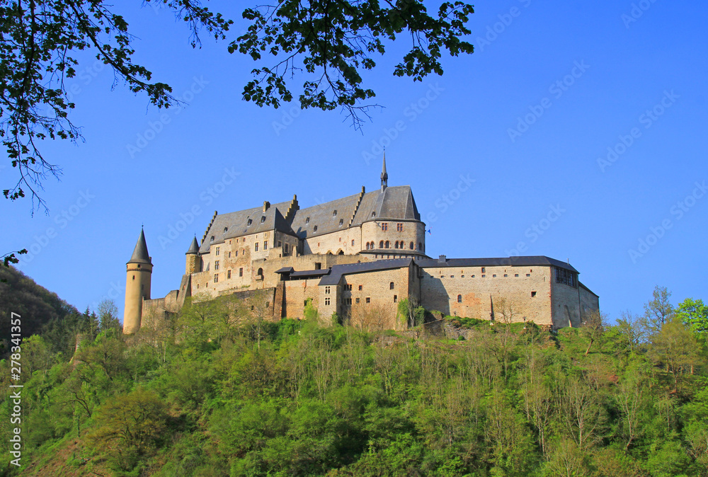 Vianden, Luxembourg - April 29, 2019 : Vianden is a fortified castle located in the north of Luxembourg, near the border of Germany. It is one of the most popular tourist attraction in Luxembourg.