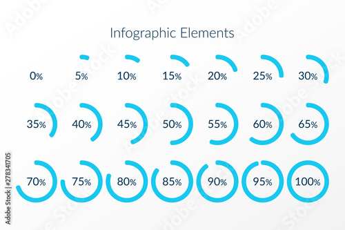 Percentage vector infographic icons. 0 5 10 15 20 25 30 35 40 45 50 55 60 65 70 75 80 85 90 95 100 percent pie chart symbols. Isolated circle signs for download, web design, business, finance