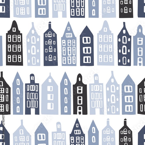 Hand drawn cute  houses.  Vector  seamless pattern.
