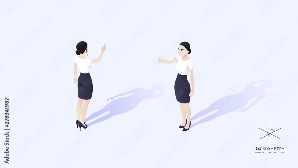 Beautiful young business lady. She is dressed in a strict corporate style. The girl's hand points forward and upward.