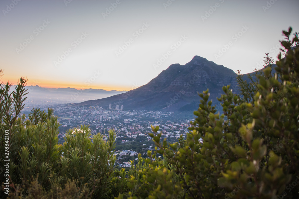 Sunrise On Lion's Head and Signal Hill Looking over Cape Town City In The Early Morning in South Africa