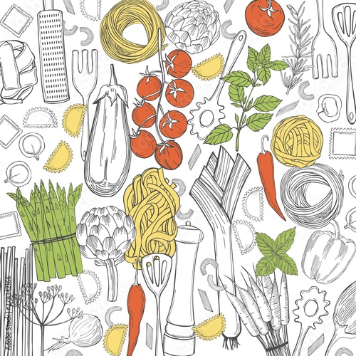 Vector background with  hand drawn pasta and vegetables on white background. Italian food. Sketch  illustration.
