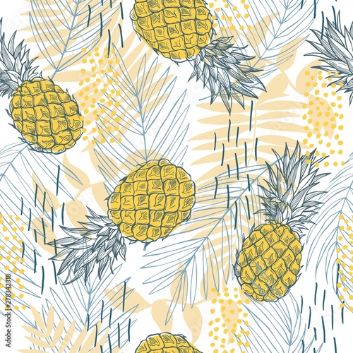 Hand drawn tropical plants and pineapples.Vector seamless pattern