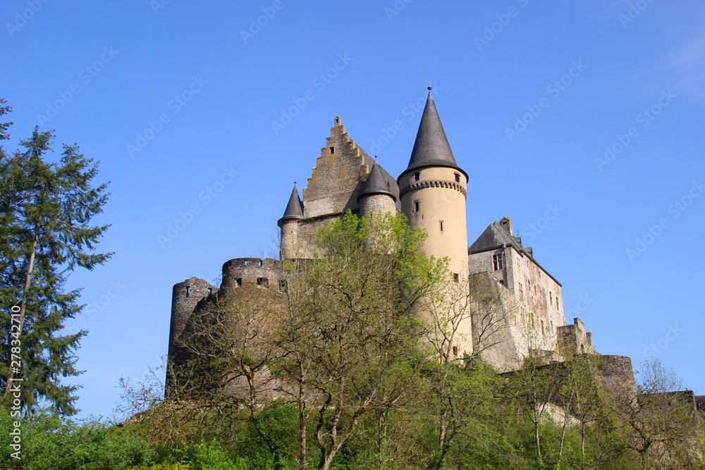 Vianden, Luxembourg - April 29, 2019 : Vianden is a fortified castle located in the north of Luxembourg, near the border of Germany. It is one of the most popular tourist attraction in Luxembourg.