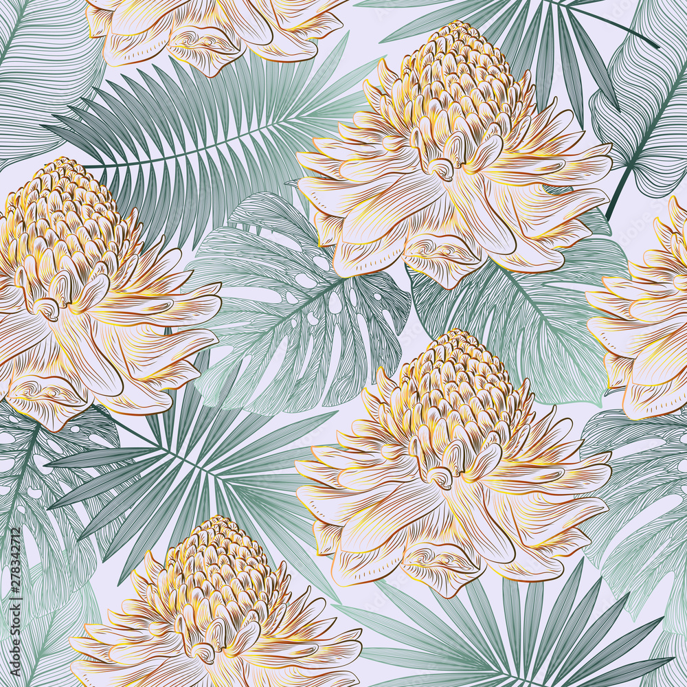 Obraz Seamless pattern with tropical leaf palm and flowers Ginger. Vector illustration.