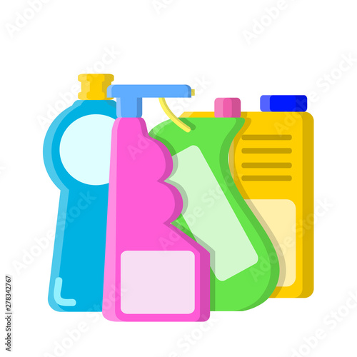 Color different bottles with shampoo, liquid soap and cleaner in flat style on white, stock vector illustration