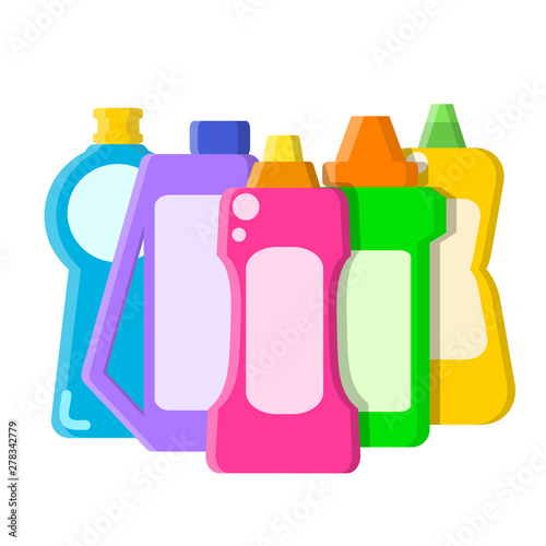 Color different bottles with shampoo, liquid soap and cleaner in flat style on white, stock vector illustration