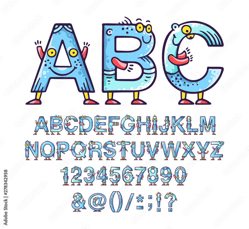 Cartoon doodle alphabet or font with eyes and smiles for kids designs