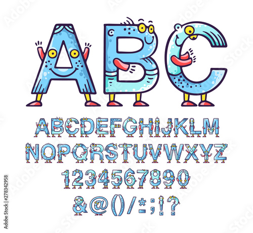 Cartoon doodle alphabet or font with eyes and smiles for kids designs