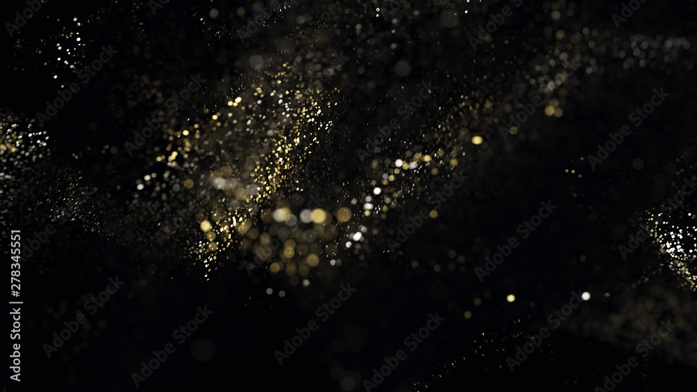 Golden glitter lights particles bokeh, abstract background, magic sparkle, shimmering dust with light effect
