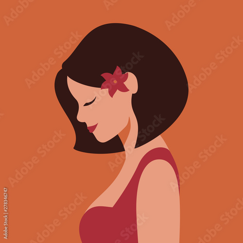 In profile Beautiful smiling young woman with flower in her hair . Vector illustration in terracotta colors