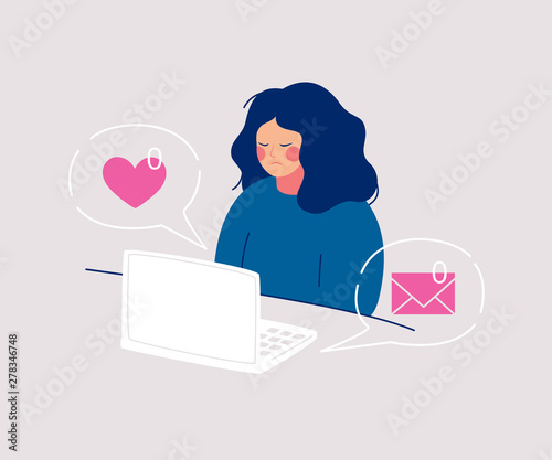 Disheveled sadness woman sits at the computer having zero received messages and likes from friends. Concept of solitude and loneliness on internet. Colorful cartoon vector illustration in flat style