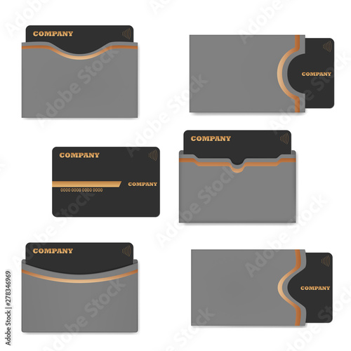 Card holder with plastic card, vector template set. Blank sleeve envelope case for credit, gift or business cards