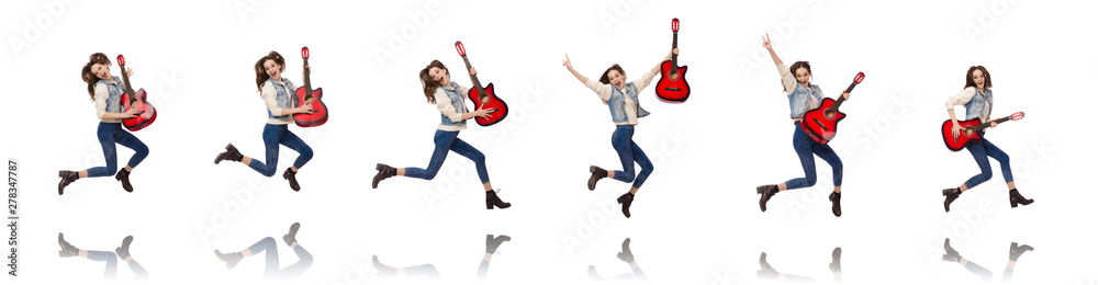 Young smiling girl with guitar isolated on white