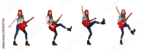Young smiling girl with guitar isolated on white © Elnur