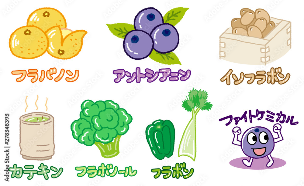 ファイトケミカルみかんやブロッコリー 大豆イソフラボン 茶カテキン アントシアニンなどのイラストセット Stock イラスト Adobe Stock